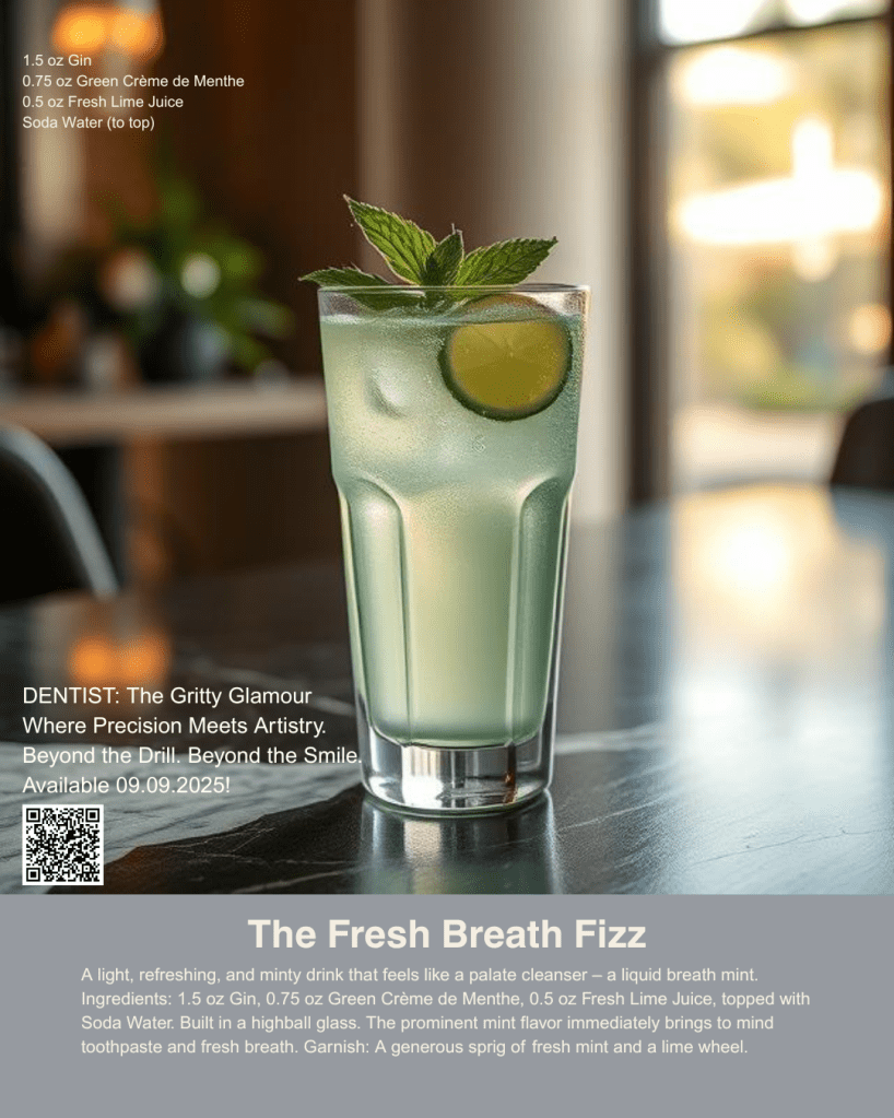 Behold, The Fresh Breath Fizz: an emerald elixir designed to invigorate the senses and reset the palate with every effervescent sip. Its vibrant, translucent green hue, accented by a generous sprig of fragrant mint and a sun-kissed lime wheel, promises immediate refreshment. A crisp whisper of botanical gin meets the cooling embrace of green crème de menthe and the zesty, bright spark of fresh lime, all lifted by the delicate effervescence of soda water. The result is a sensation akin to a liquid breath mint – clean, vibrant, and utterly revitalizing, leaving a pristine finish that's truly mouth-watering, a perfect testament to the crisp precision celebrated within the pages of “DENTIST."
