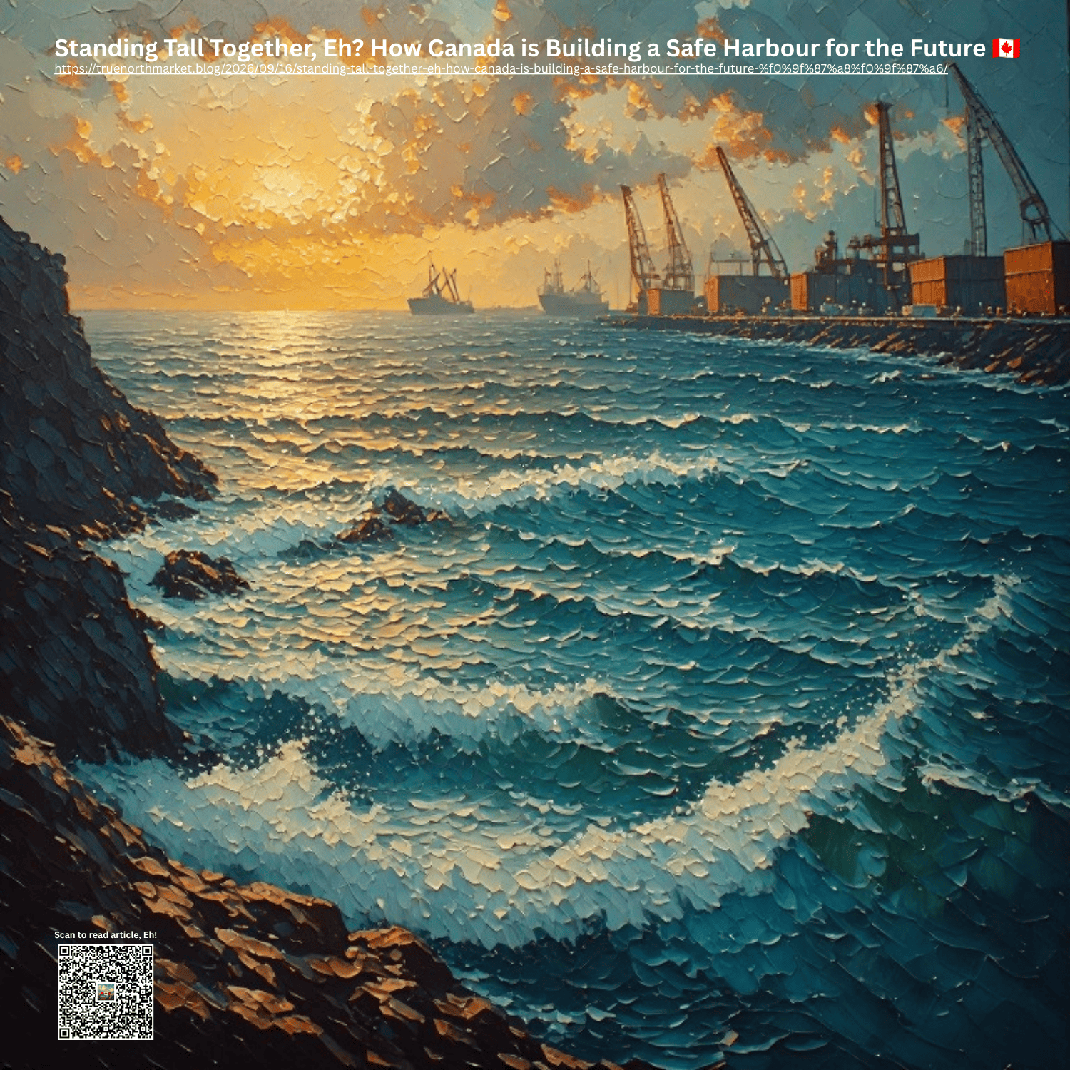 Impressionist oil painting of a rugged Canadian coastline at sunrise featuring modern maritime infrastructure.