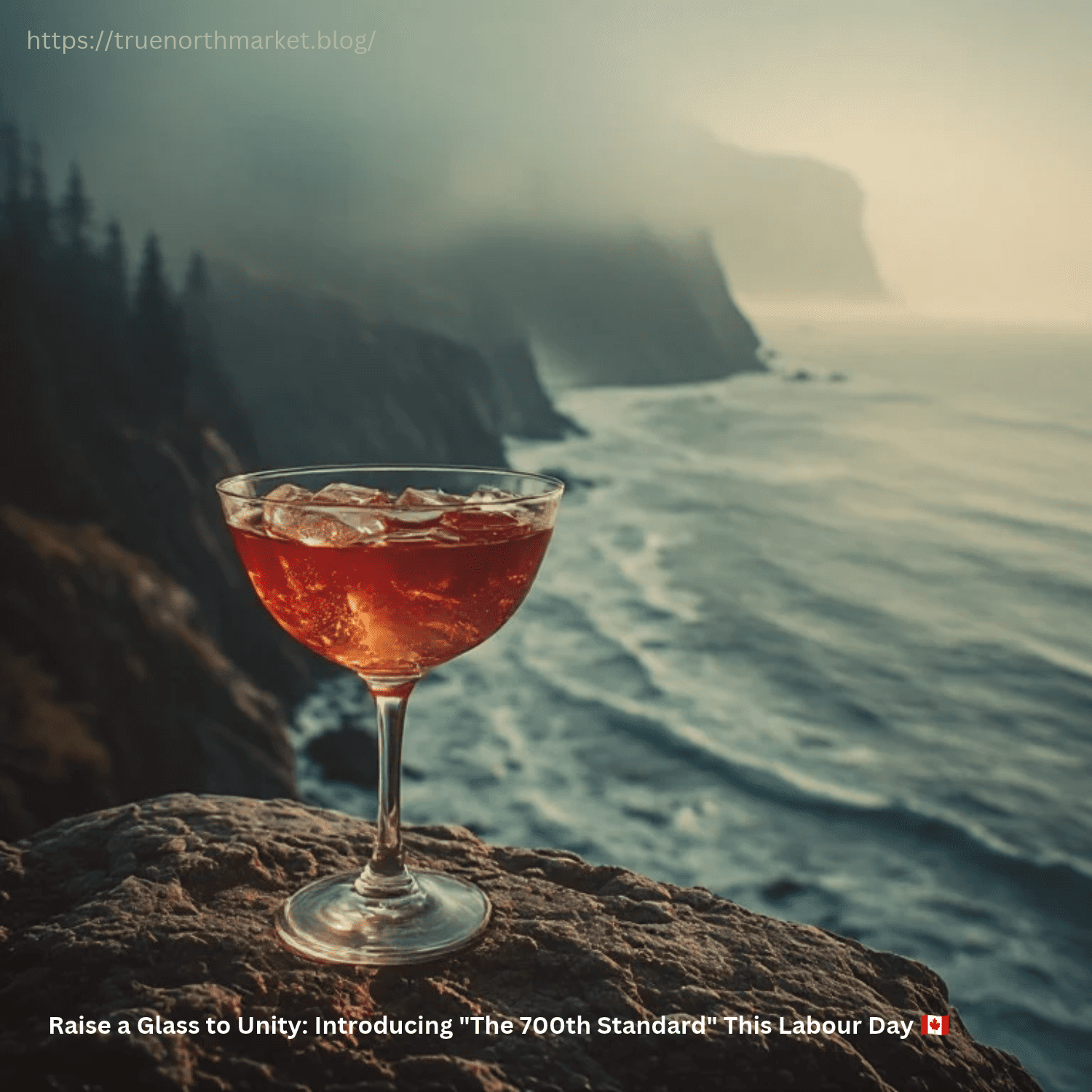 The 700th Standard craft cocktail in a coupe glass on a granite rock overlooking Lake Ontario at sunset.