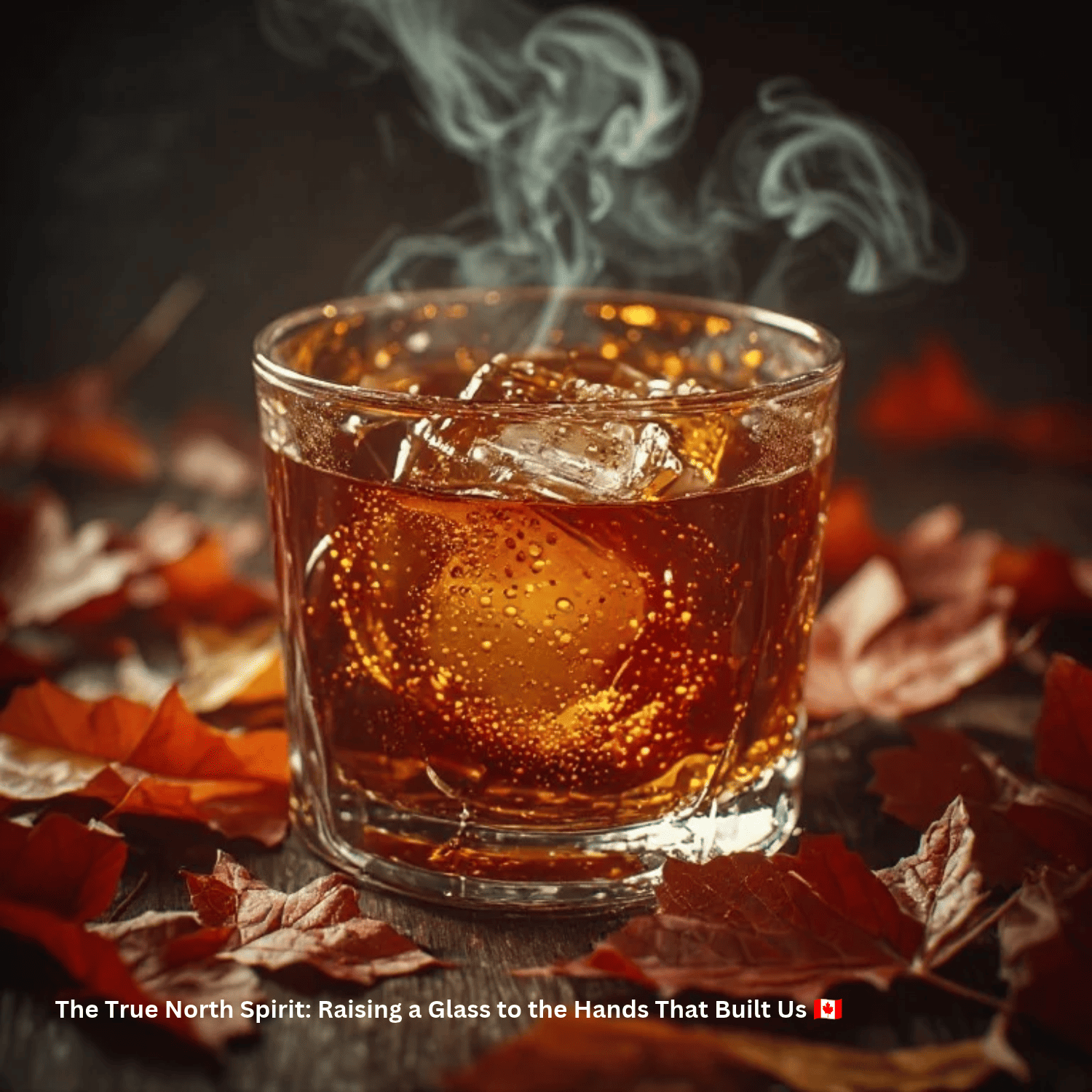 A Canadian rye whisky cocktail in a rocks glass with maple leaves on a rustic wooden table for Labour Day.