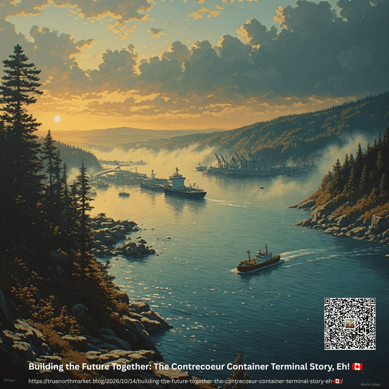 A museum-quality oil painting of the St. Lawrence River at sunrise near Contrecoeur, Quebec, featuring bold expressive brushstrokes, profound stillness, and a glowing Canadian horizon inspired by the Group of Seven, with ancient pines, a modern electric port, and a container ship.